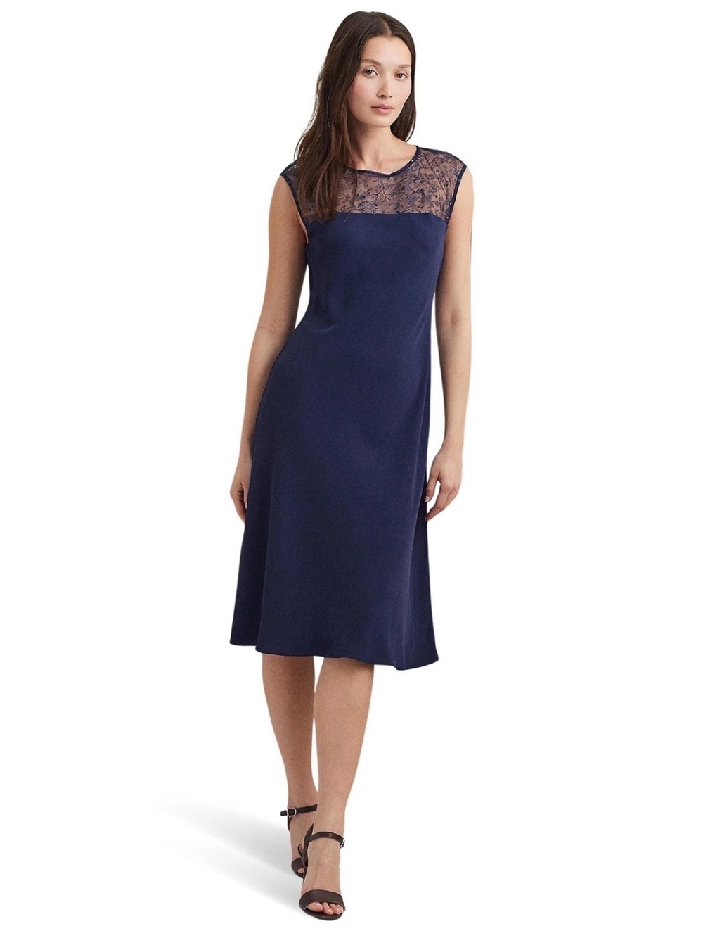 Ralph Lauren Navy Lace Yoke Midi Dress
